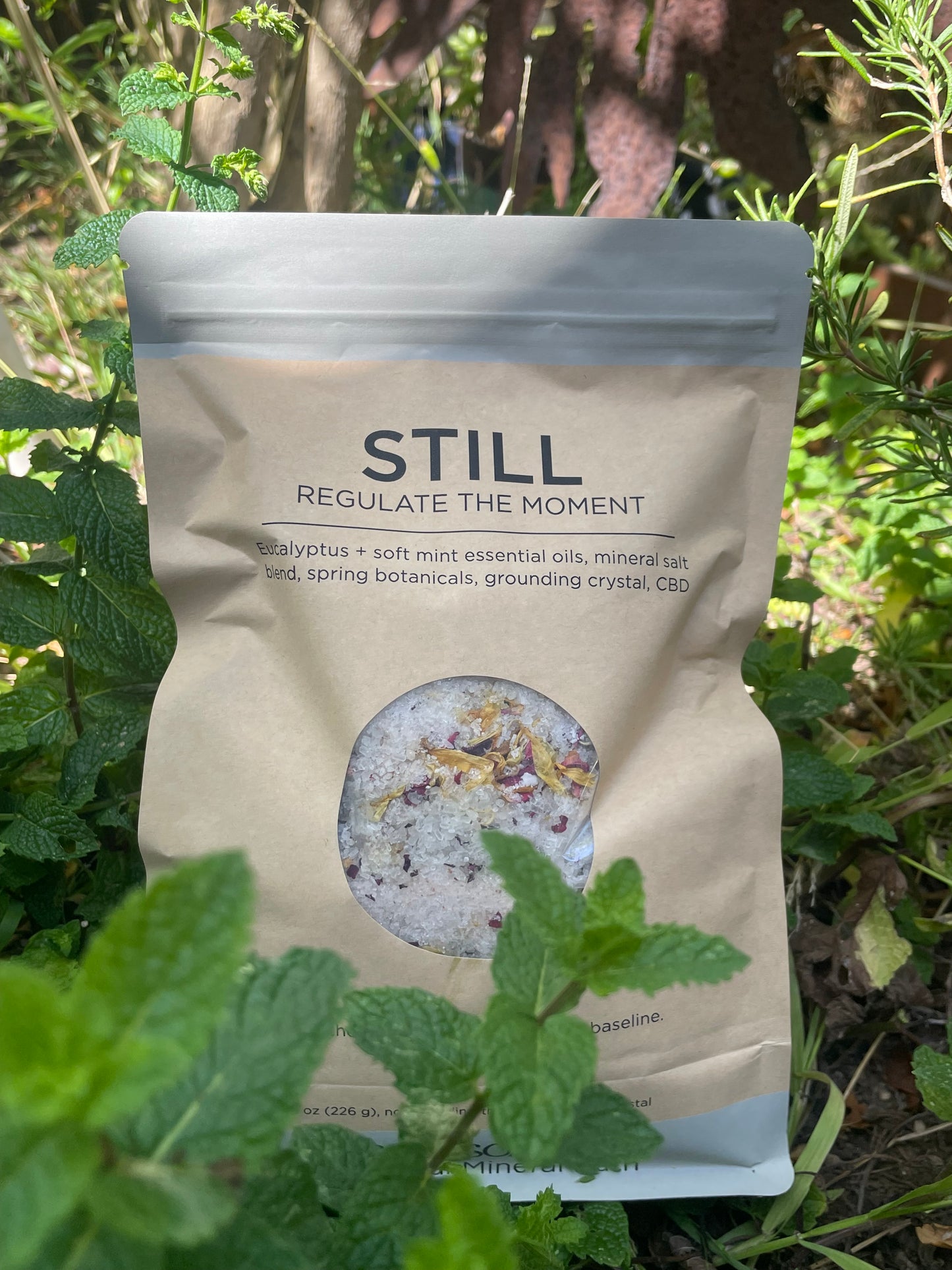STILL: Regulate The Moment – Soul Soaks mineral bath blend in kraft pouch among fresh herbs